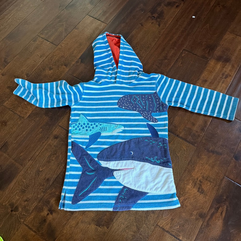 Mini Boden Kids Blue Striped Shark Whale Terry Cloth Hooded Beach Cover Up 5-6Y